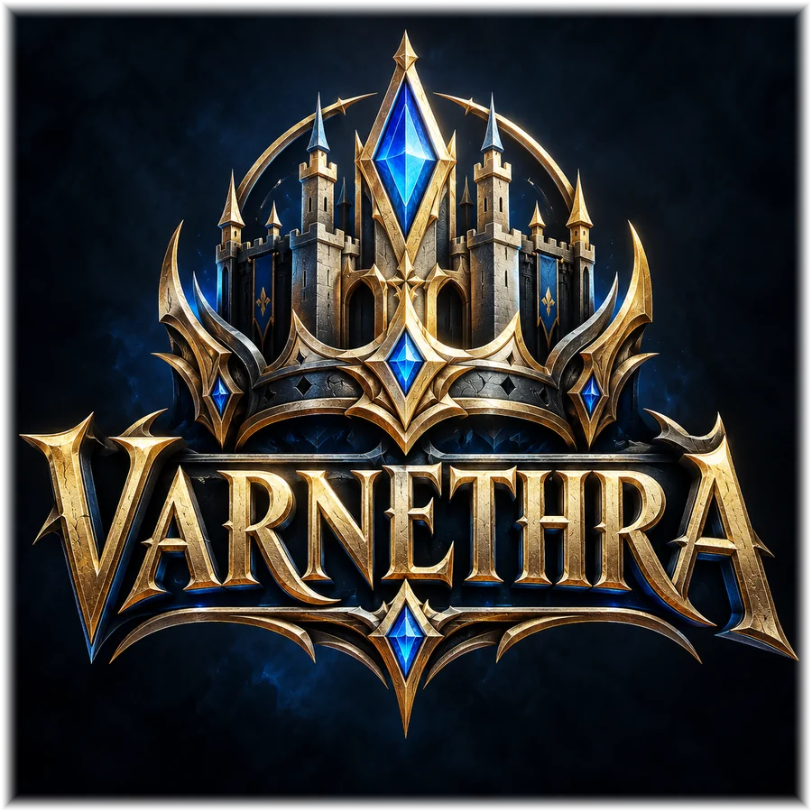 VARNETHRA logo: a crowned castle with a blue gem above the name